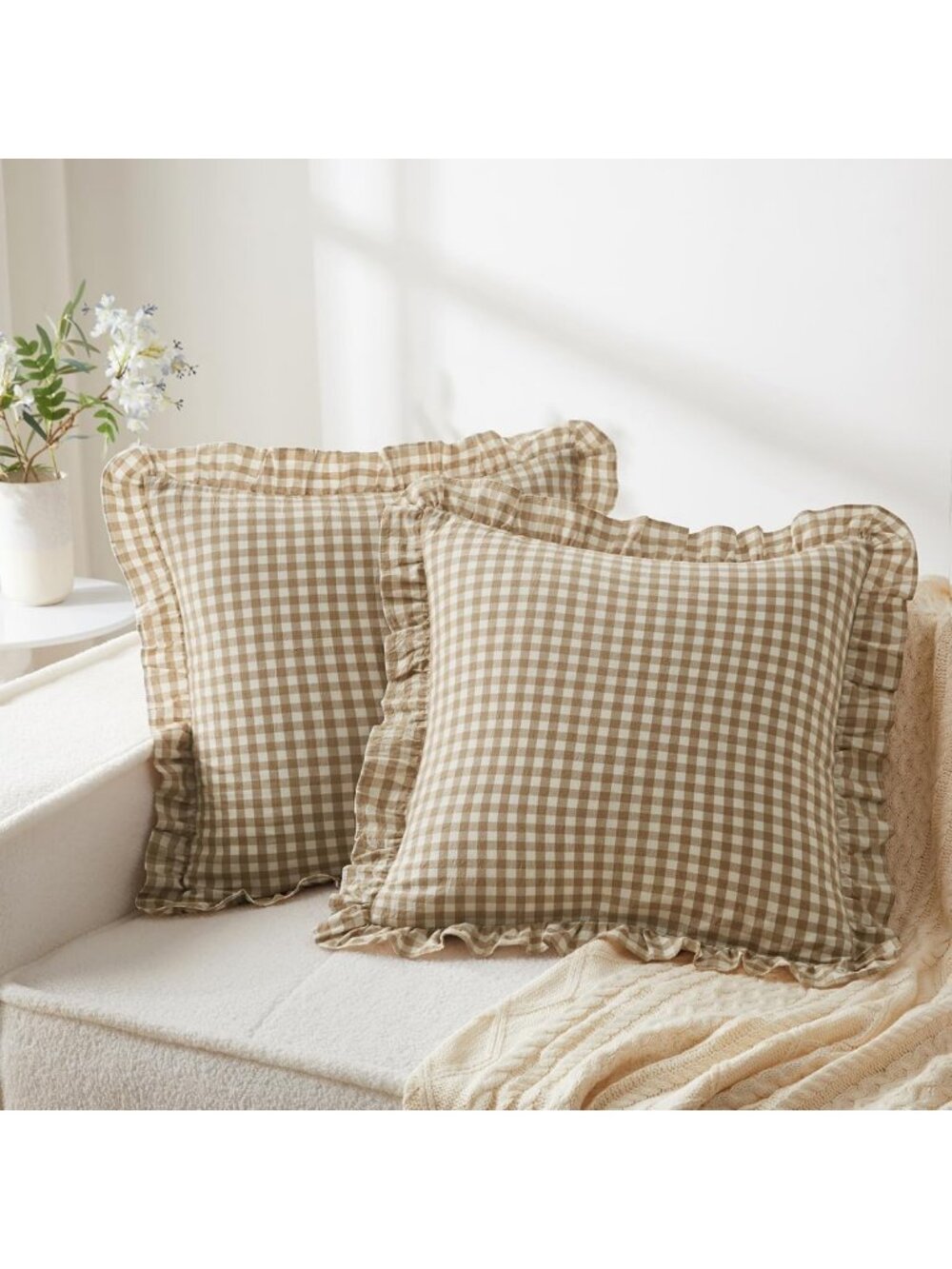 Ruffle Gingham Pillow Covers Set of 2, 18x18 Cotton Plaid Shams for Sofa Bed